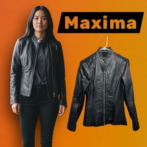 Vintage Y2K Maxima Black Leather Moto Jacket with Ring-Zip Detail